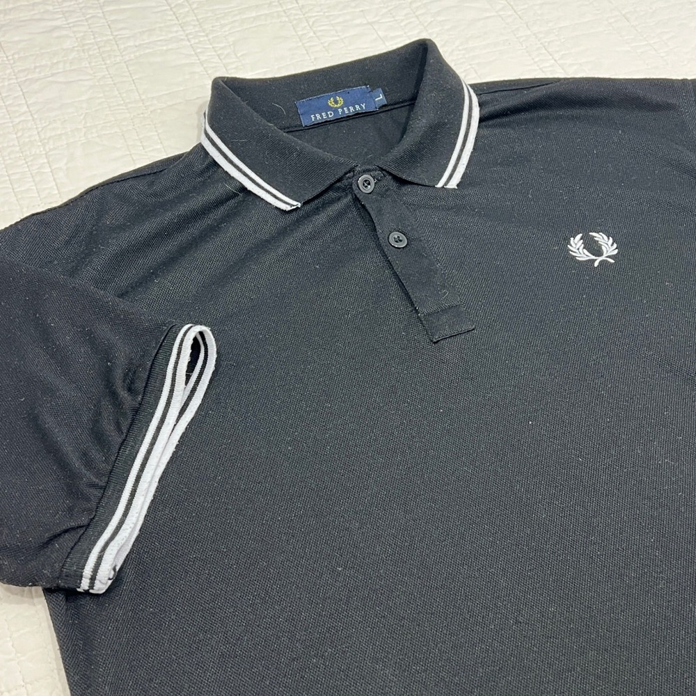 Fred Perry Mens Twin Tipped Polo Shirt Black White Laurel Wreath Size L